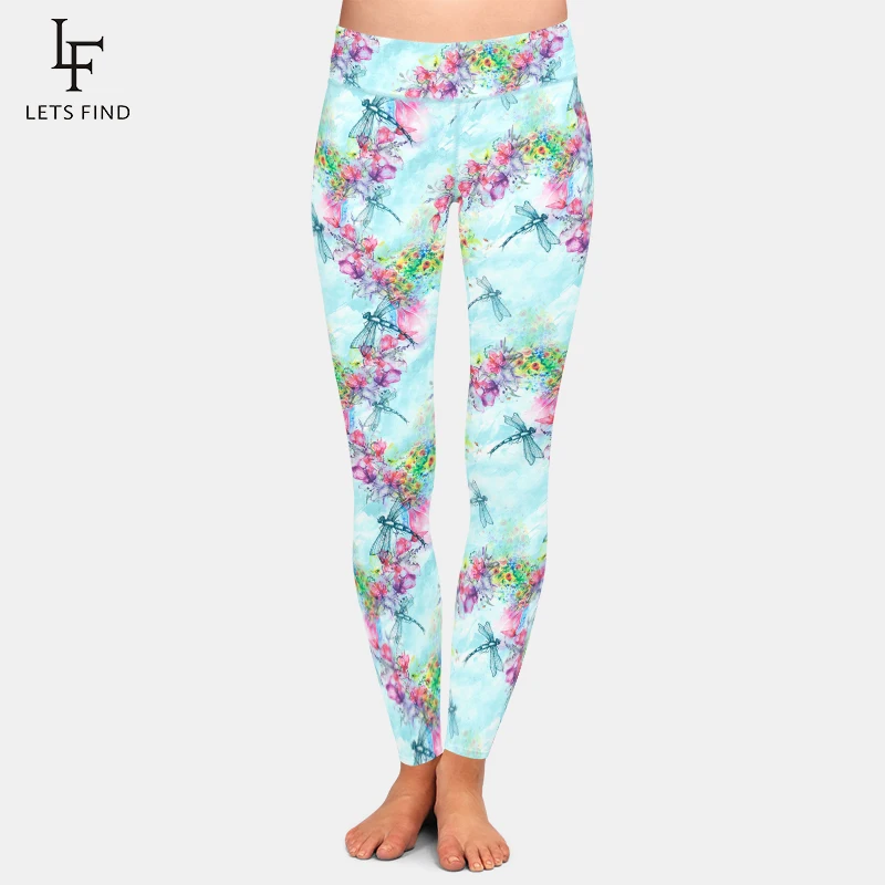 

LETSFIND 2020 New Dragonflies and Flowers Print Cute Women Leggings High Waist Soft Stretch Leggings