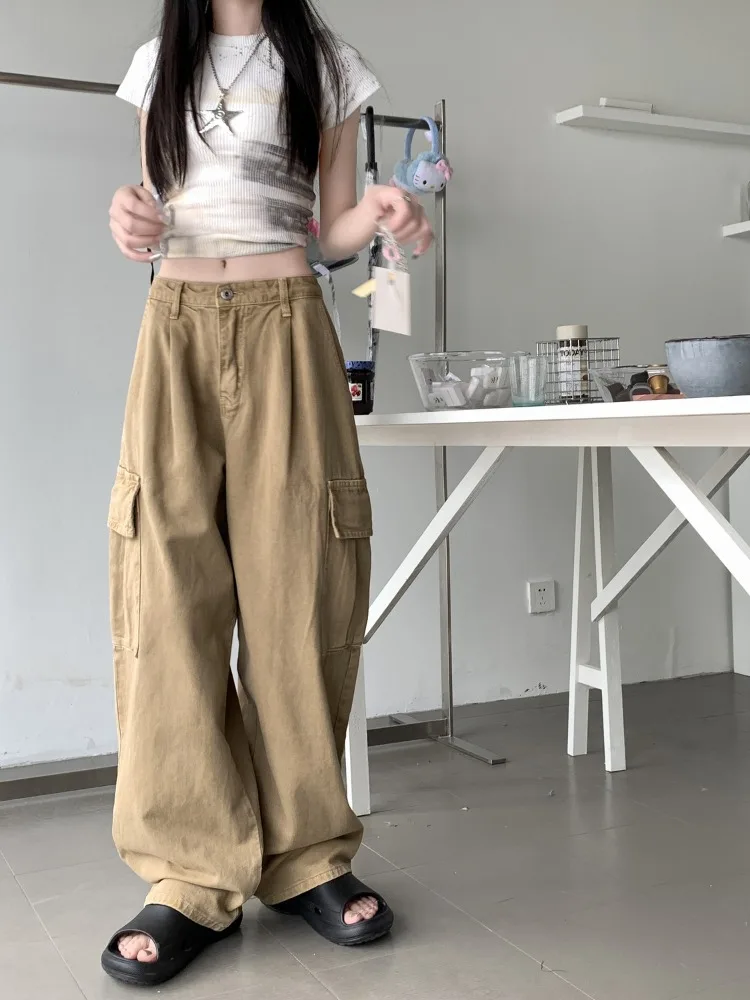 HOUZHOU Vintage Khaki Cargo Jeans Women Oversized Japanese Style Denim Trousers Baggy High Waist Wide Jeans Female Streetwear