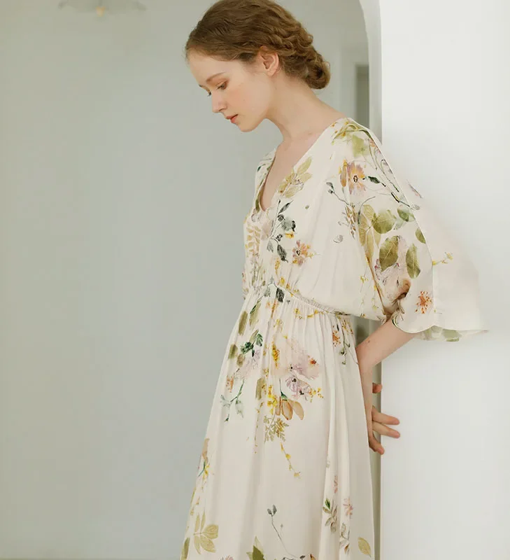 Summer Women's Nightdress Sexy V-neck Elegant Leaves Print Female Sleepwear Home Wear Night Dress Women Sleepwear Nightgown