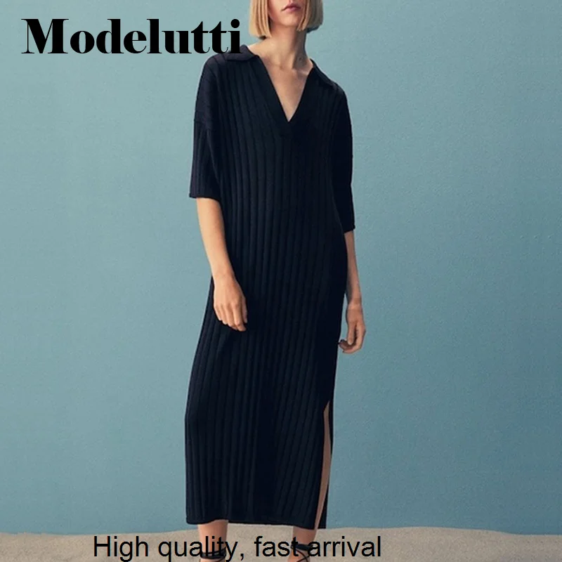 

Autumn 2023 New Fashion Short Sleeve V-neck Ribbing Knitted Split Long Dresses Women Slim Solid Simple Casual Female