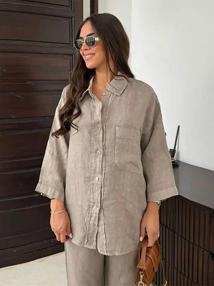 Women Elegant Lapel Pants 2 Piece Sets Chic Long Sleeves With Pocket Shirt Loose Wide Leg Trousers Sets 2024 Streetwear Outfit