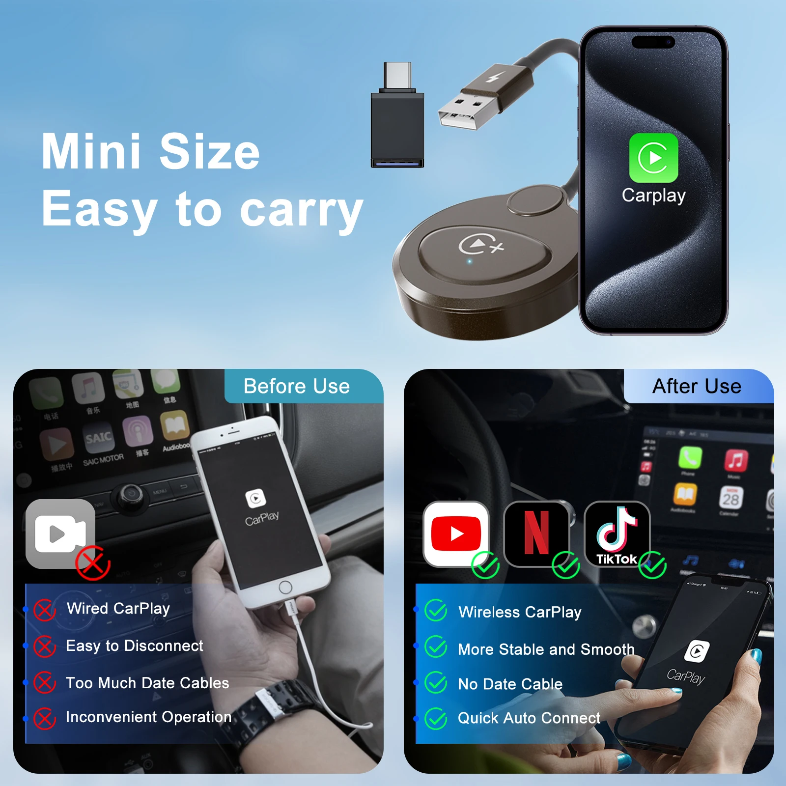 Carplay Wireless Adapter with Youtube/Netflix/Tiktok Wireless Carplay USB Dongle for Factory Wired to video carplay adapter