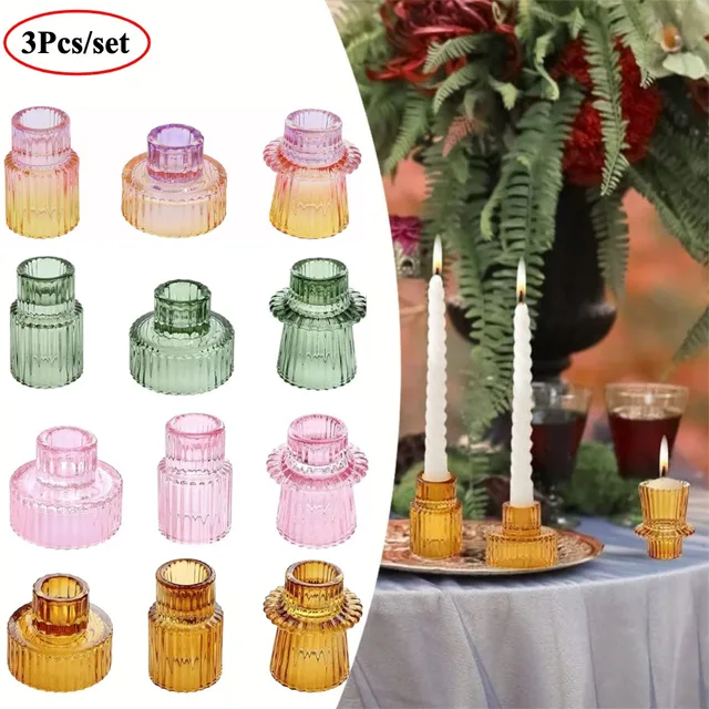 3Pcs Double Sided Vintage Ribbed Taper Glass Candle Holders for Table Centerpieces, Wedding Decorations Dinner Parties