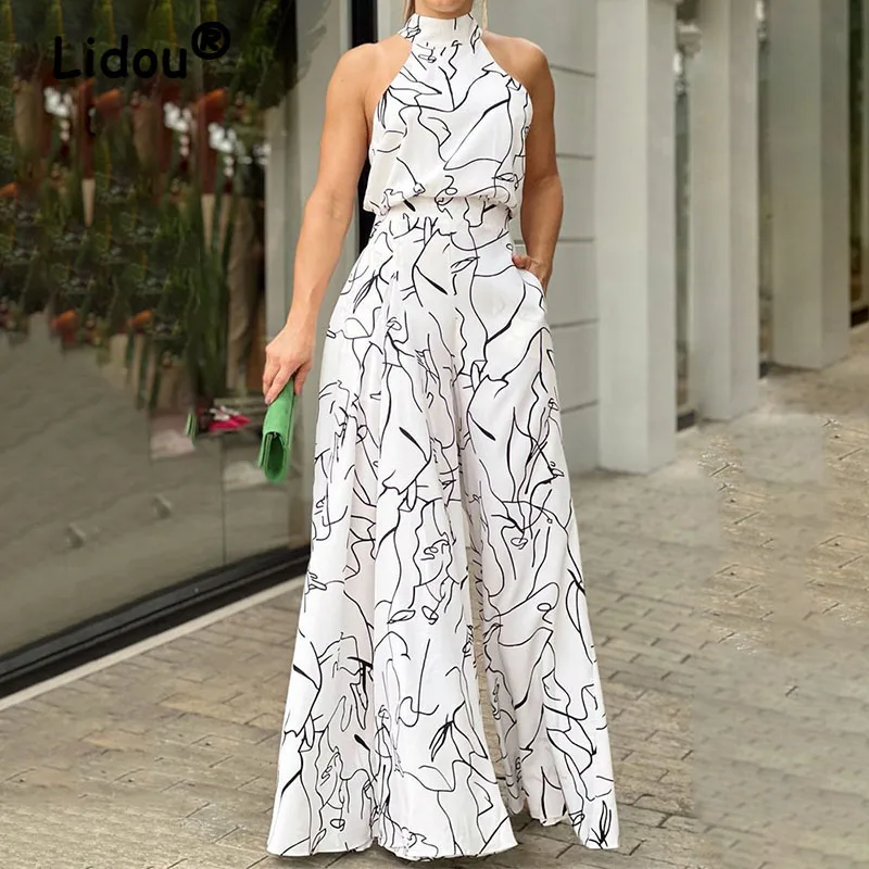 Women Autumn Jumpsuit Summer Halterneck Sleeveless Vintage Printed Streetwear Bodycon Office Lady Elegant Wide Leg Pants Romper