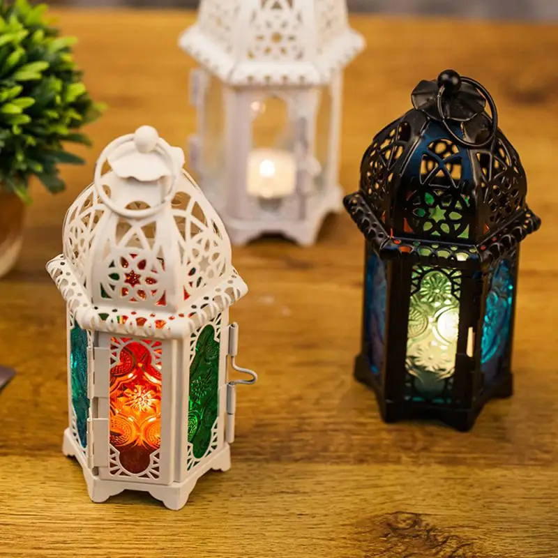 

Moroccan Wrought Iron Glass Candlestick Creative Home Candlestick Lantern Decor Wind Lamp Classical Candle Holder Table Lamp