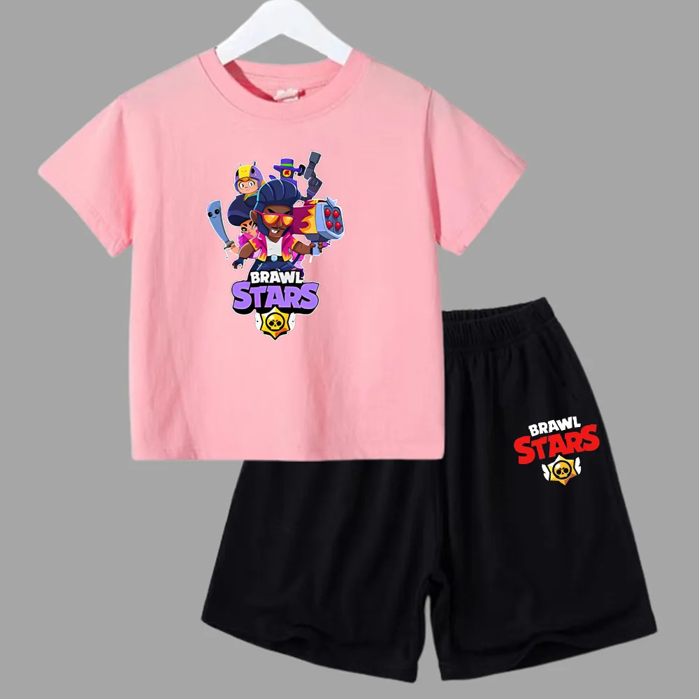 thumbnail image 1 of Conjunto de 2 piezas de camiseta de manga corta y pantalones cortos con estampado de anime de verano para niños y niñas, ropa informal de cuello redondo, 1 of 5