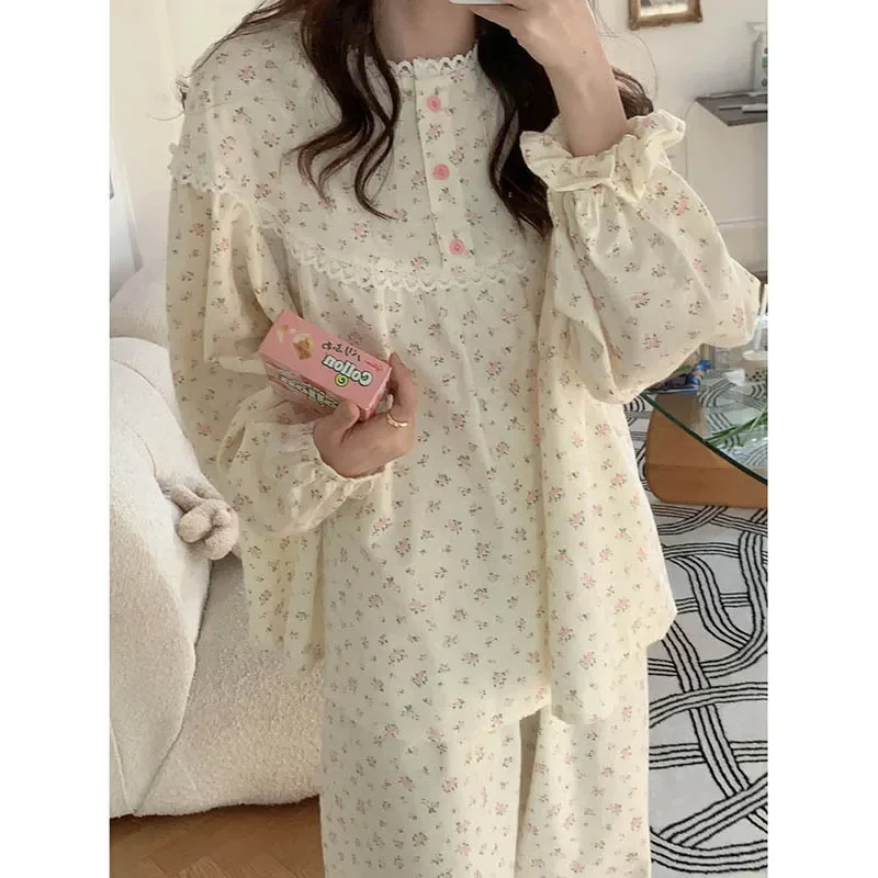 

Korean Style Sleepwear Women Pajama Sets Floral Piiama Spring Pants Sets 2 Pieces Home Suit Lace Long Sleeve Sleeping Night Wear