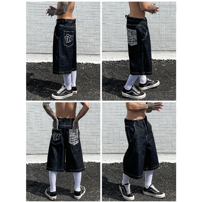 Pantaloncini retrò estivi 2024 Jeans Hip-Hop Y2K Jeans con stampa lettera tascabile pantaloncini personalizzati alla moda da uomo pantaloni estivi al ginocchio