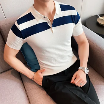남성용 턴다운 셔츠, 스트라이프 슬림 탑 풀오버, 캐주얼 버튼 디자인, 반팔 폴로 셔츠, 비즈니스 패션, 여름