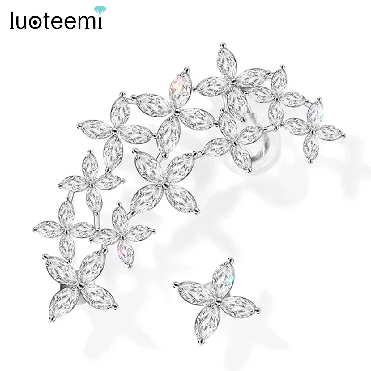 LUOTEEMI Stunning Silver Color Asymmetric Flower Stud Earrings for Women Romantic Elegant Lady Geometric CZ Wedding Jewelry