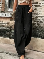 Plus Size Women's Cotton-Linen Harem Trousers Retro Loose-Fit Casual Trousers Elasticated Waistband Workwear Wide-Leg Trousers - Image 2
