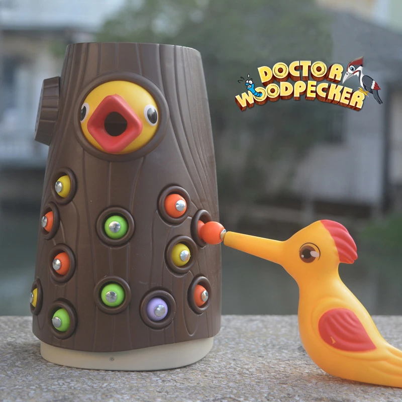 Montessori Toddler Toy Woodpecker Catching Worms and Feeding