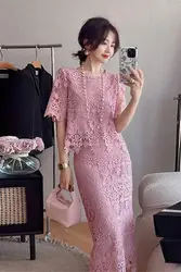 High Quality Luxury Runway Elegant Two Piece Set Women Summer  Temperament Lace Hollow Out Top + Long Skirt Suits