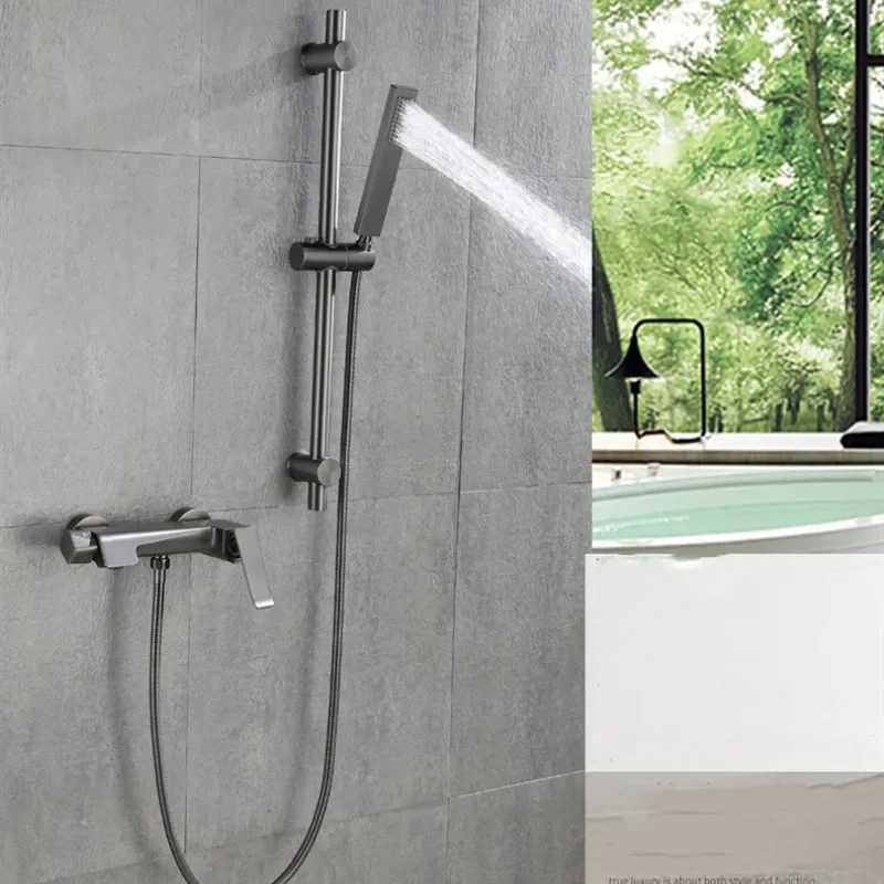 Shower Faucet Set Bathroom Wall Mounted Gray Brush Gold Single Lever Solid Brass Material Bathtub Set