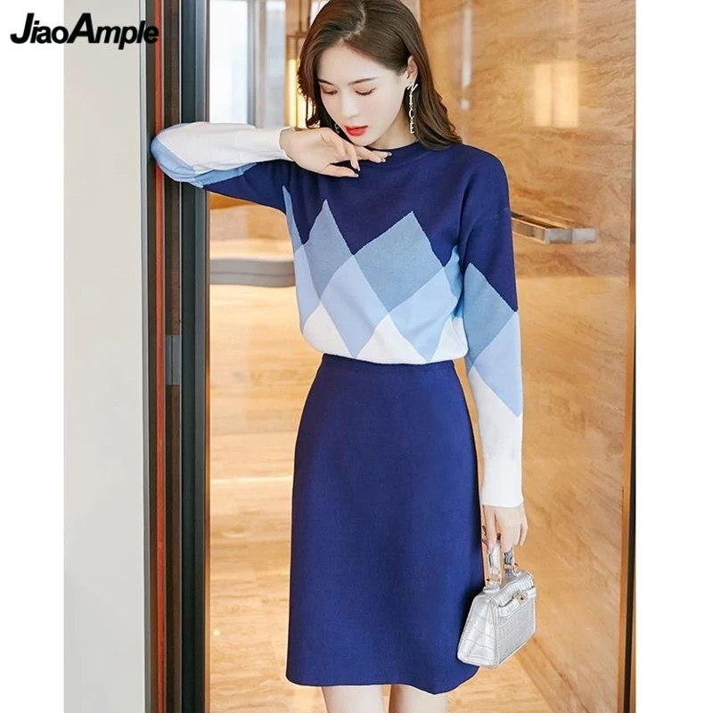 Knitwear Matching Sets for Women Autumn Winter Korean Casual Plaid Blue Sweater Pullovers Skirts 2 Piece Suits 2023 New Outfits sweaters plain knitted hollow out pullover sweater in blue size l m s xl