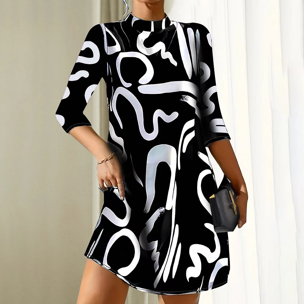 

Spring Autumn New Arrival Women Fashion 3/4 Sleeve Round Neck Print Pullover Elegant Office Lady Knee Length Dress S-3XL