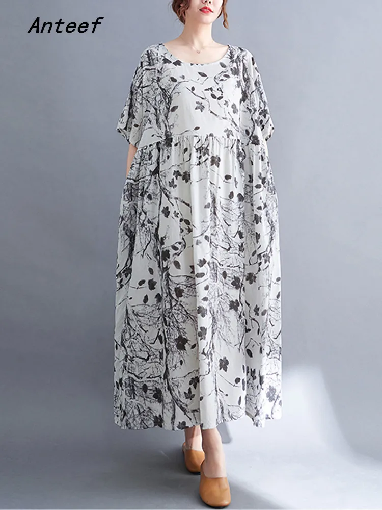 

short sleeve oversize cotton linen vintage floral dresses for women casual loose long summer dress elegant clothing 2022