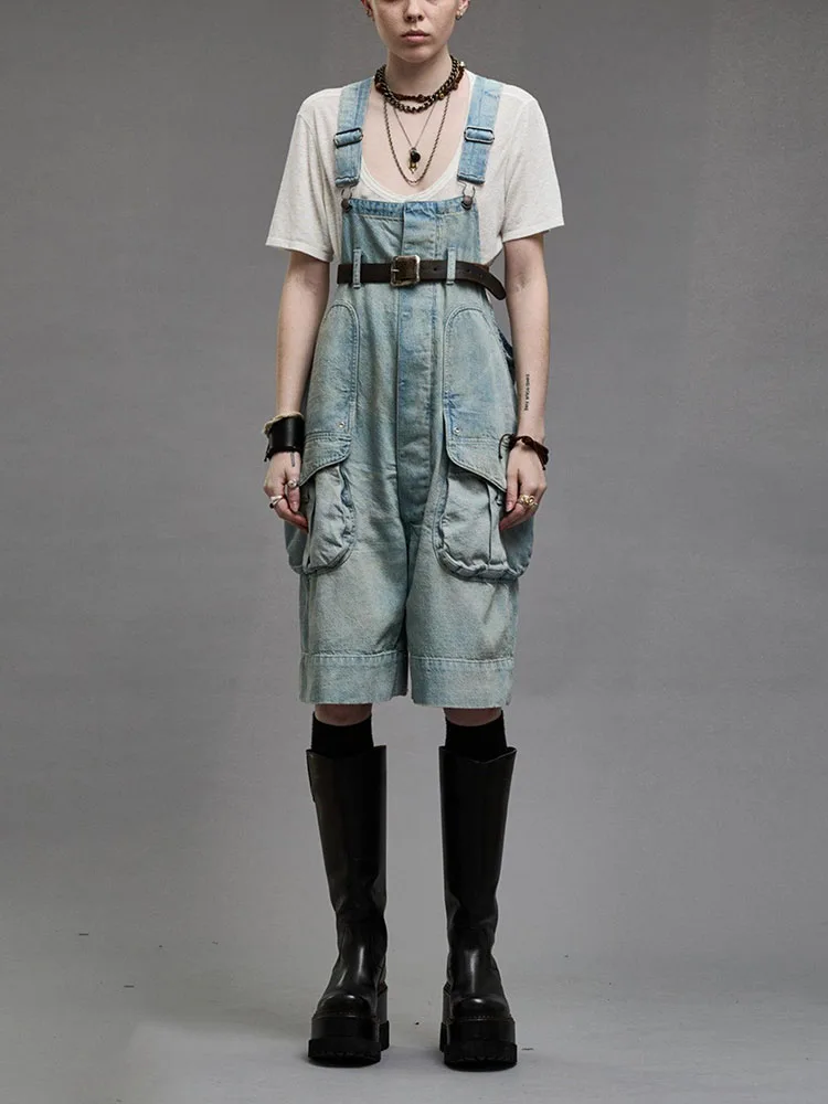 

shorts y2k spring/summer workwear trip belt large pockets denim back trousers women's jumpsuit2024 cotton casual Womens overalls