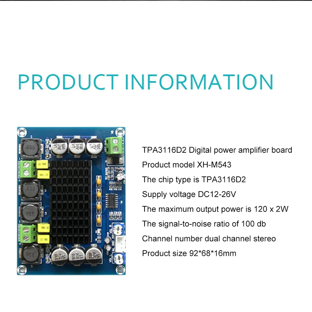 

2022 Brand New Amplifiers Board Audio Module 100DB 120*2W 1PC 92*68*16 (Mm) DC12-26V Digital Dual -Channel Stereo