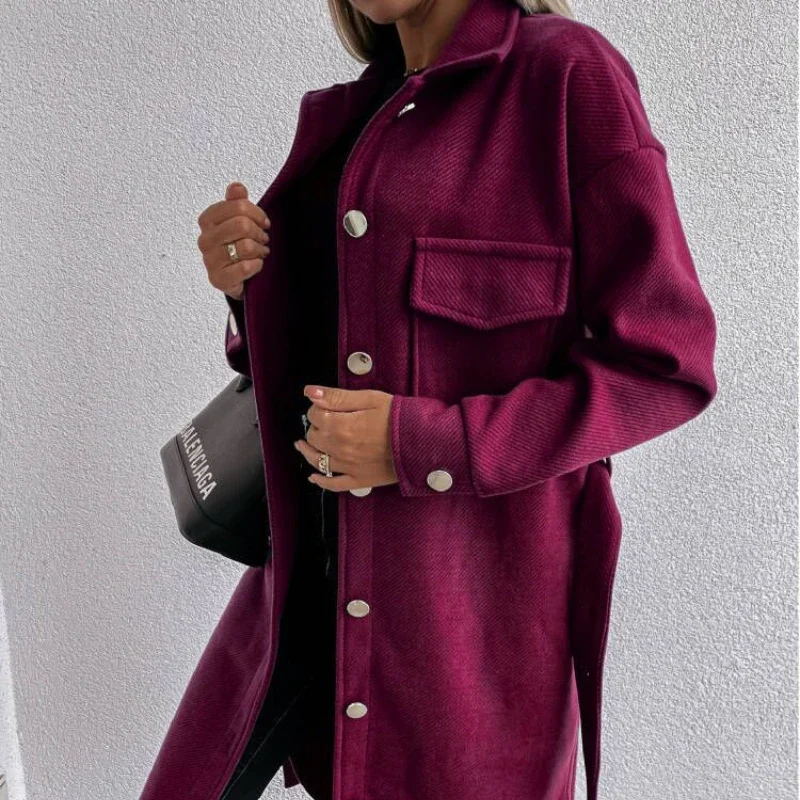 Fashion 2021 Autumn and Winter Women's Clothing Solid Color Mid-length Lapel Single-breasted Lace-up Long-sleeved Woolen Coat