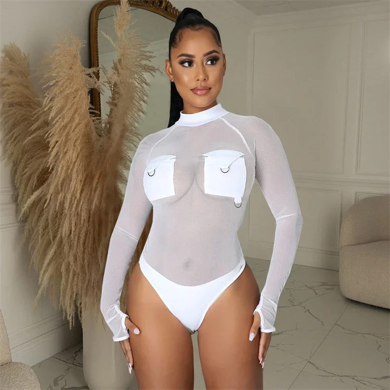 

Pockets Sheer Mesh Bodysuit Women Sexy See Through Mock Neck Long Sleeve Overalls Clubwear Top Female Party Jumpsuits Romper