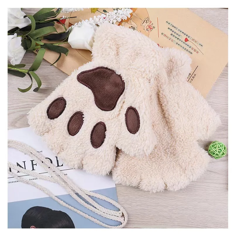 Winter Thickened Fluffy Bear Paw Half Finger Gloves Cute Cartoon Cat Paw Open Finger Gloves for Girls