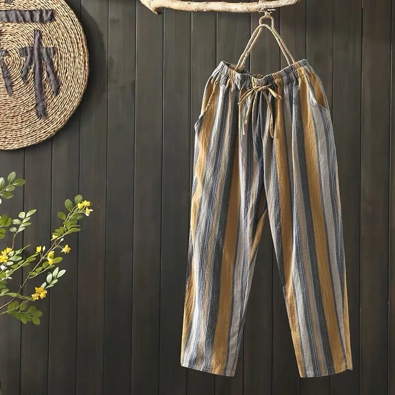 Women Clothes 2024 Summer Trendy Vintage Striped Beach Harem Pants Female Casual Streetwear Loose Trousers High Waist Pantalones