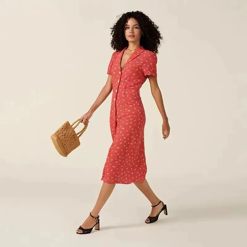 

Женское повседневное длинное платье с цветочным принтом, элегантное винтажное однобортное облегающее платье с глубоким V-образным вырезом и коротким рукавом, лето 2023