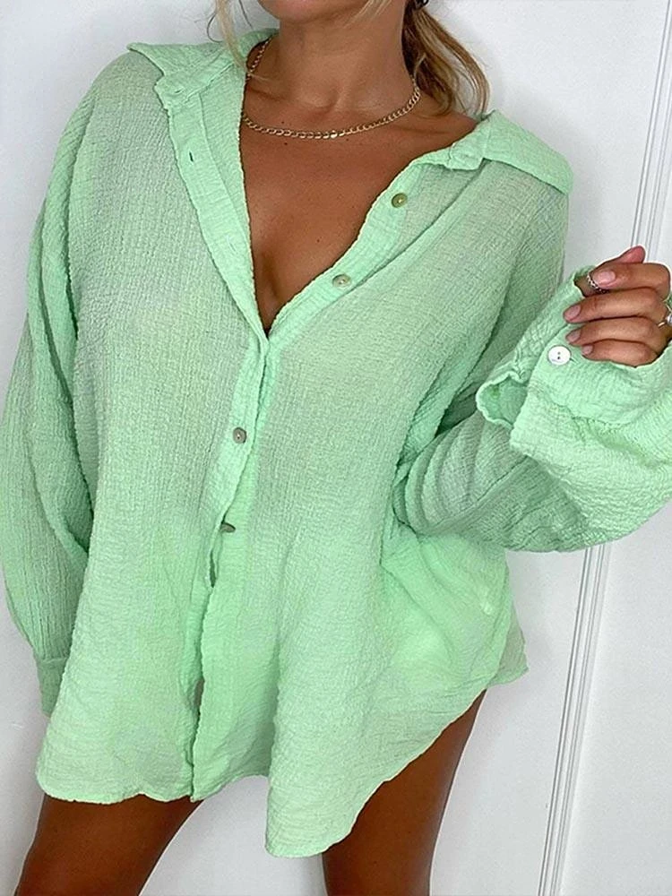 Women Casual Cotton Linen Solid Shirts Loose Long Sleeve Single-breasted Green Blouses Summer Fashion Chic Female Lapel Tops