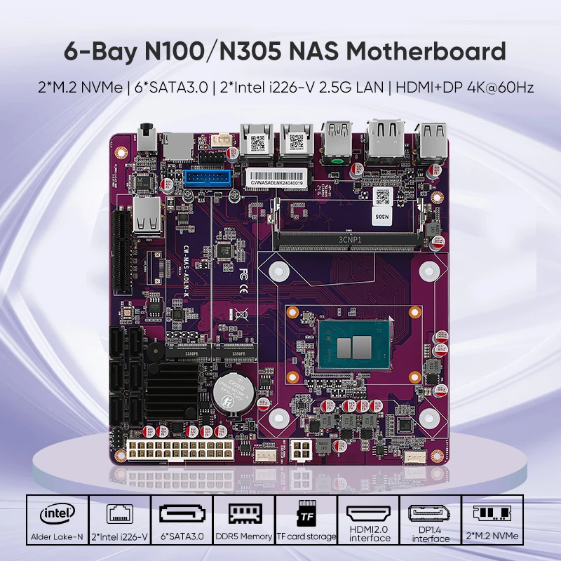 6-Bay NAS Motherboard i3-N305 N355 N100 N150 1*PCIEx4 2*Intel i226-V 2.5G Firewall 2*M.2 NVMe 6*SATA3.0 DDR5 Mini ITX Mainboard 3