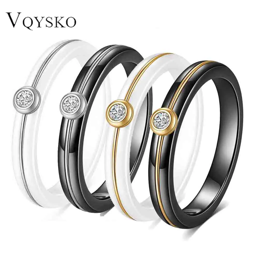 Elegant 4MM Ceramic Ring with 18K Gold & Zircon Inlay - High-Quality Fashion Jewelry