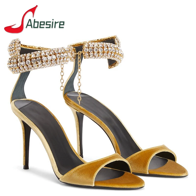 

Gold Pointed Toe Women's Sandals Sexy Rhinestone Chain Thin High Heels Summer New Fashion Wedding Party Female Stiletto Shoes