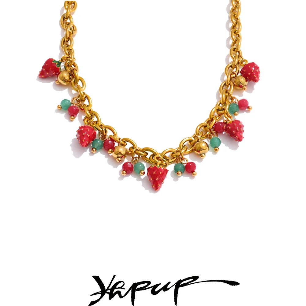 Yhpup Trendy Stainless Steel Red Enamel Stone Strawberry Drop