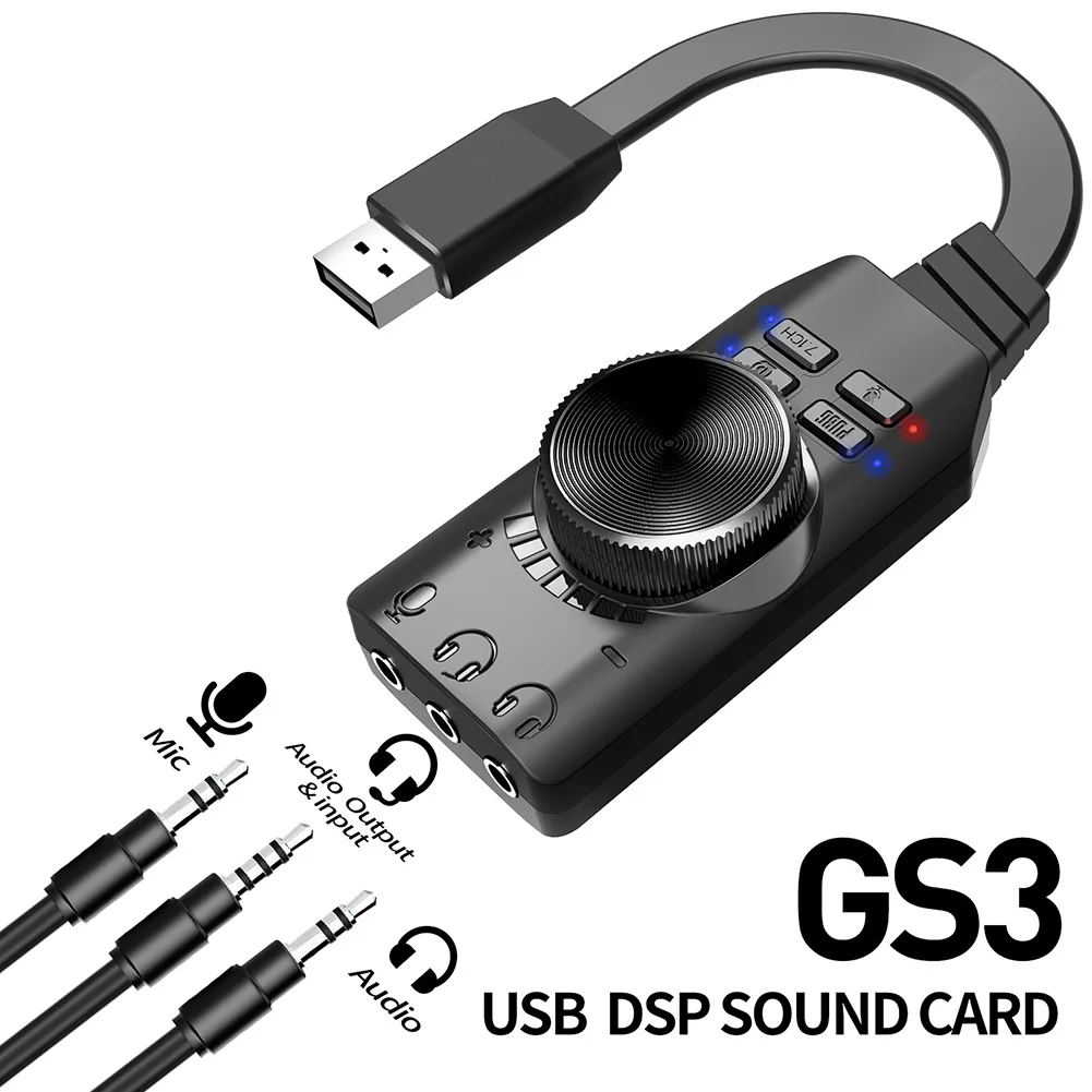 GS3 7.1 채널 USB 사운드 카드 어댑터 외부 볼륨 조절 가능 오디오 잭 케이블 음소거 스위치 조정(Windows용)