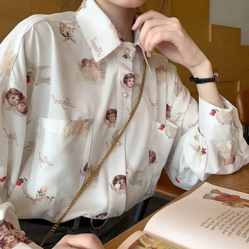 

Harajuku Angel Print Womens Shirt Vintage Elegant Blouse Women Autumn 2021 Lantern Sleeve Female Clothes Loose BF Shirt