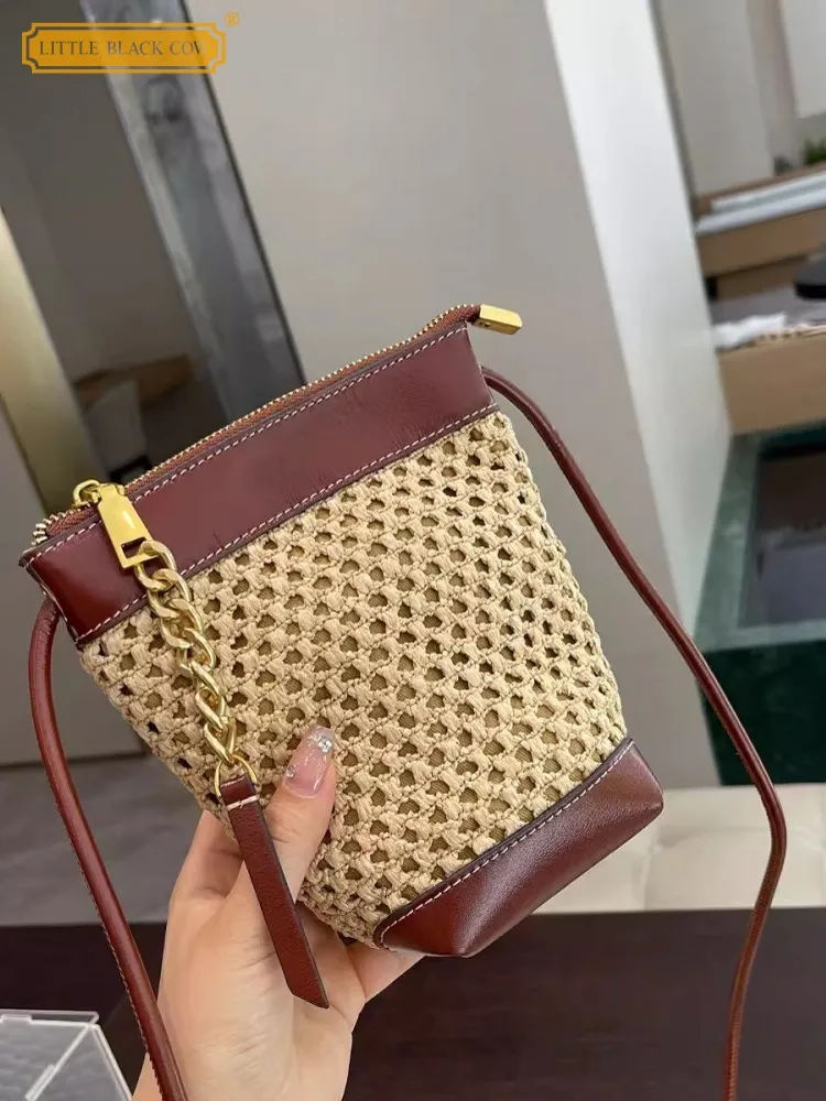 Women Summer Women Small Pouch Straw Bucket Bag Spliced