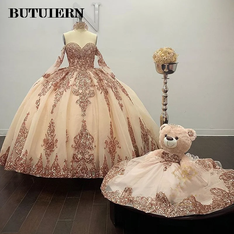 

Rose Gold Sparkly Ball Gown Quinceanera Dresses Detachable Sleeves Sweetheart Sequines Applique Sweet 16 Dress Party Wear