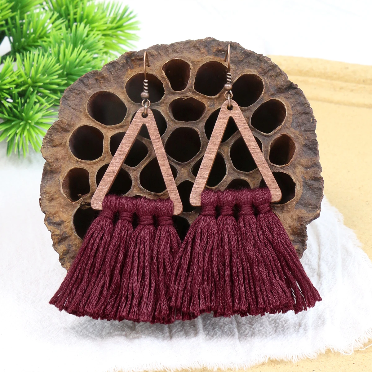 Drop Earrings for Women Boho Pastoral Style Vintage Fashion Colorful Sets Wooden Geomerrtry Hand Knitting