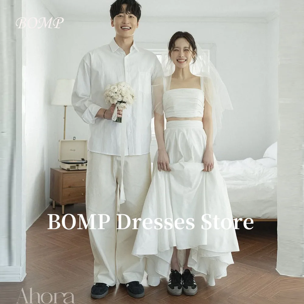 A Line Wedding Party Dresses Wide Straps Soft Taffeta Bride Gowns Garden Plain Korea Photo shoot 2PCS