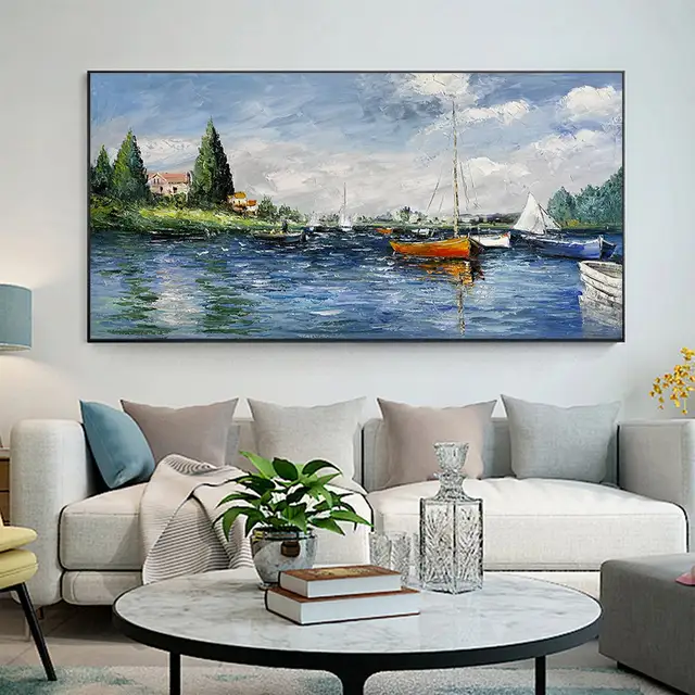 Abstract Coastal Landscape Oil Painting on Canvas Sailboats Cloud Modern Texture Hand PaintedPainting Living Room Large Wall Art
