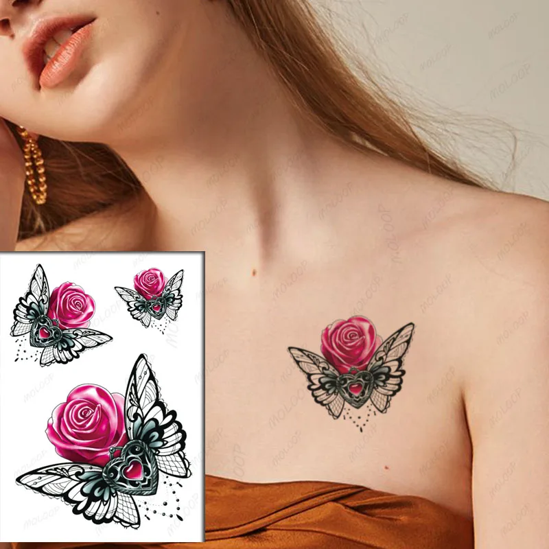 

Pink Rose Women Back Tattoos Stickers Fake Waterproof Butterfly Heart Pearl Necklace Tattos Temporary Body Chest Neck Tatoos