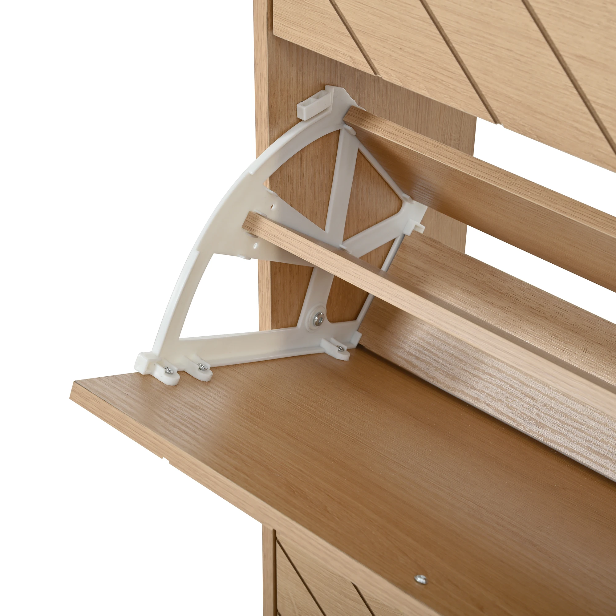 Schuhschrank im nordischen Stil mit Klappdeckel, Eichenholzoptik, drei Türen, großes Fassungsvermögen, ultradünner Eingangsbereichschrank, offene Seitenregale. – Detail 23