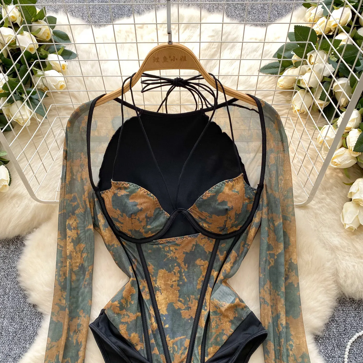 halter detail on printed mesh bodysuit