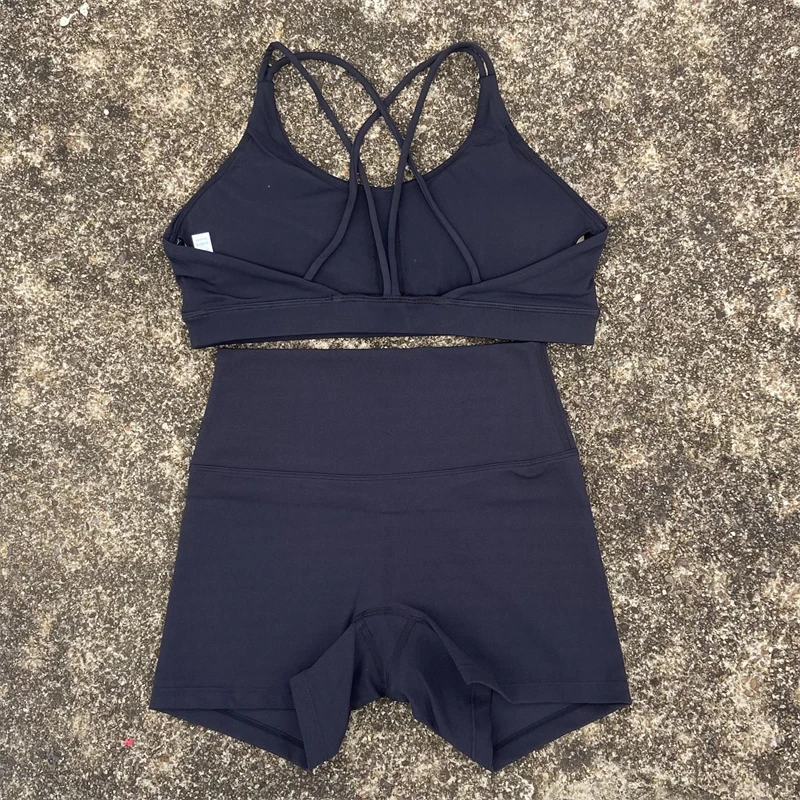 Yoga Shorts Set Gym Sports Set 2 Piece Women Workout Outfit Fitness Suit Cross Straps Bra High Waist Shorts Running Tracksuit 6