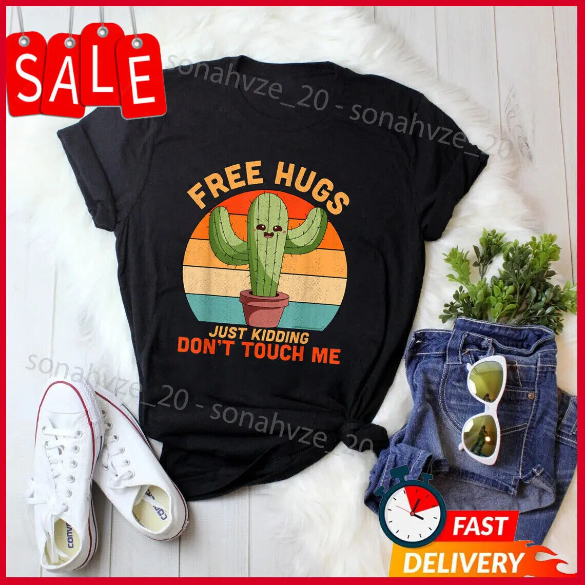 Free Hugs Just Making Don'T Touch Me Cactus Funny Garden Love Gift T-Shirt A Maniche Lunghe