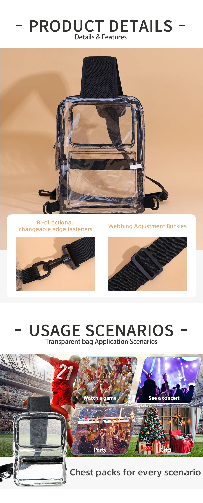 TINYAT Klare PVC-Umhängetasche, Brust, transparente Schlinge, Umhängetaschen für Damen, Trend 2024, für Sommerurlaub, Strand, Schwimmen – Detail 4