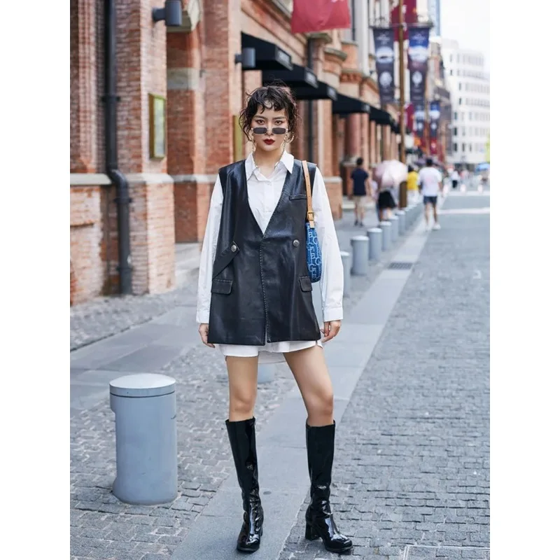 Spring and Autumn Sleeveless Vest Mid-length Black Vests Women Fashion PU Coats Elegant Straight Simple Vests Female Ladies