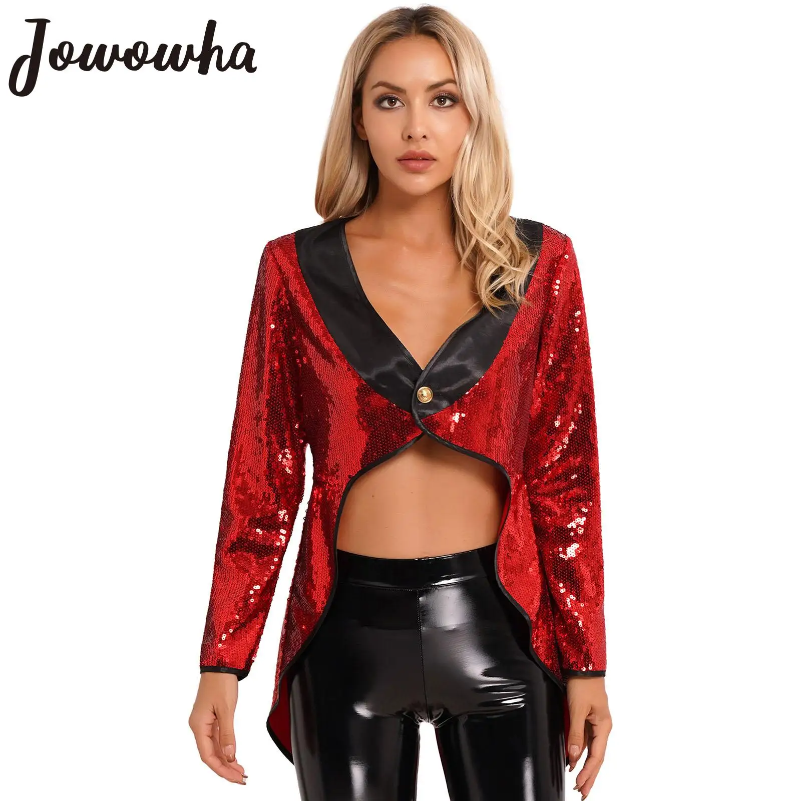 

Womens Circus Ringmaster Costume Halloween Magician Dress Theme Party Cosplay Tailcoat Jacket Sequin Tuxedo Outerwear Dress Up