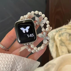 Elegant Diamond Butterfly Strap with Pearls - 38 40 41(S10)42mm (Stretch Pearl)