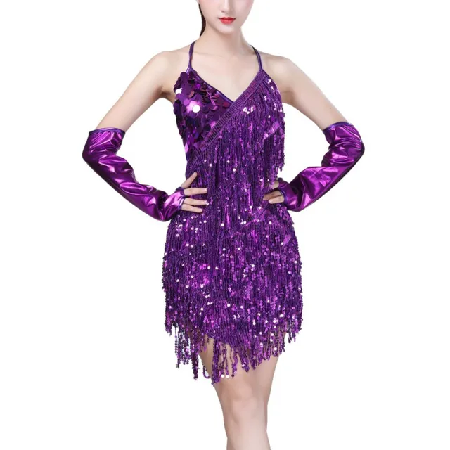 Shiny Sexy Sequin Fringe Dress With Gloves For Women Raves Festivals Outfit  V-neck Backless Lace-up Mini Party Dress - Latin - AliExpress